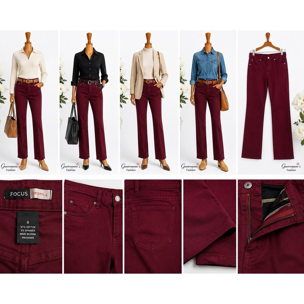 Focus Lifestyle Women's Burgundy Straight Leg Pants Size 8 Stretch Cotton Mid R